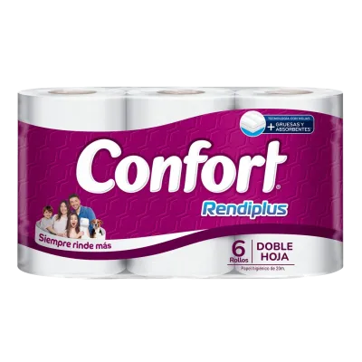 Papel Higiénico Confort Rendiplus Doble Hoja 20mt 6 unidades Confort