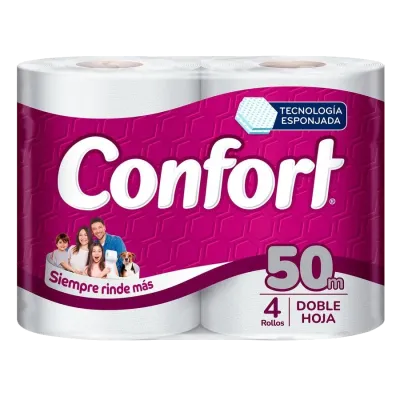 Papel Higiénico Doble Hoja 50mt 4 unidades Confort